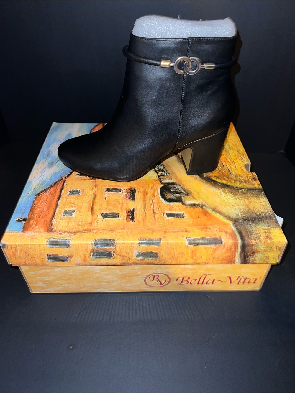 Bella Vita Black Leather Mid-Block Heel Ankle Booties